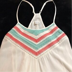 Teal Dove White Spaghetti Strap Razor Back Tank Top w/ Teal & Coral Neckline